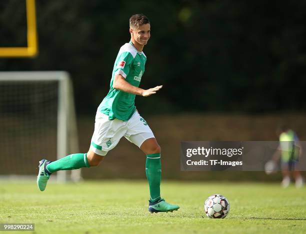 Marco Friedl of Werder Bremen controls the ball during the friendly match between OSC Bremerhaven and Werder Bremen on July 10, 2018 in Bremerhaven,...