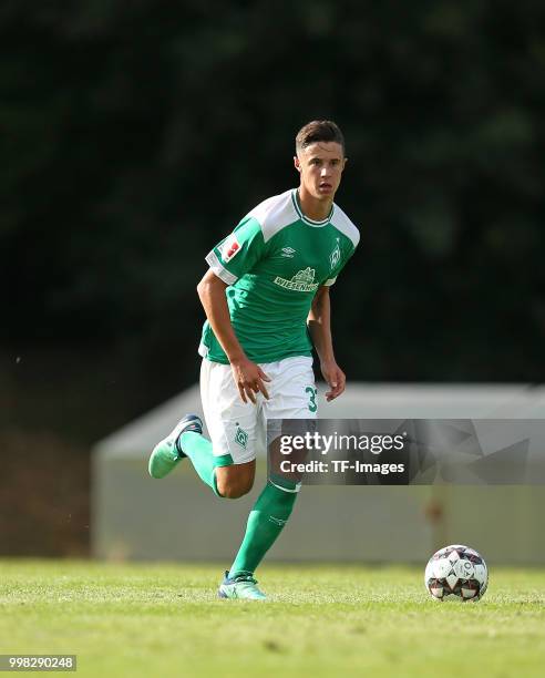 Marco Friedl of Werder Bremen controls the ball during the friendly match between OSC Bremerhaven and Werder Bremen on July 10, 2018 in Bremerhaven,...