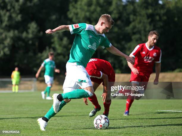 Aron Johannsson of Werder Bremen controls the ball during the friendly match between OSC Bremerhaven and Werder Bremen on July 10, 2018 in...