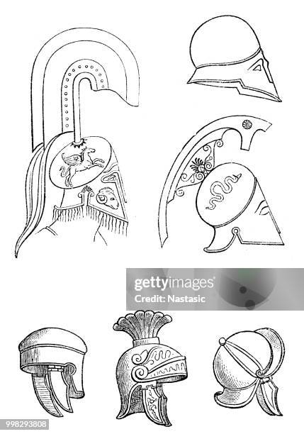 roman and greek helmets - trojan helmet stock illustrations