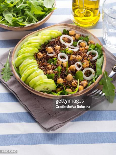 quinoa salad bowl with cucumbers, chickpeas - quinoa and chickpeas stock pictures, royalty-free photos & images