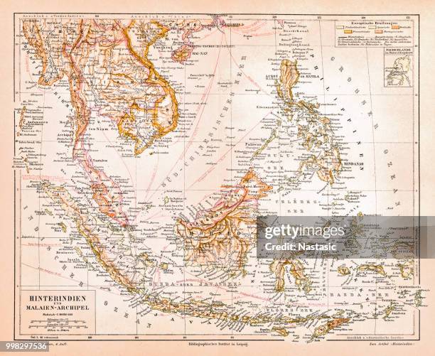 hindi and malay archipelago - indonesia map stock illustrations