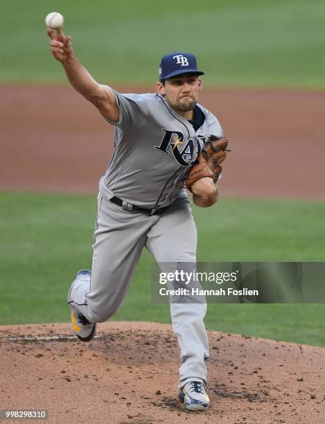 Nathan Eovaldi of the Tampa Bay Rays delivers a pitch against the Minnesota Twins during the first inning of the game on July 13, 2018 at Target...