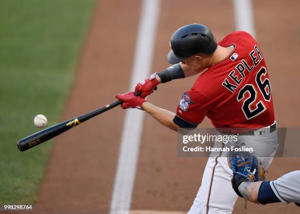 Max Kepler of the Minnesota Twins hits an RBI single during the first inning of the game on July 13, 2018 at Target Field in Minneapolis, Minnesota.