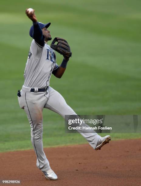 Adeiny Hechavarria of the Tampa Bay Rays makes a play at shortstop to get out Mitch Garver of the Minnesota Twins at first base during the first...