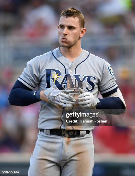Daniel Robertson of the Tampa Bay Rays reacts to striking out against the Minnesota Twins during the second inning of the game on July 13, 2018 at...