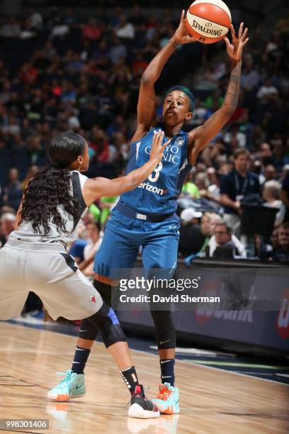 Danielle Robinson of the Minnesota Lynx handles the ball against the Las Vegas Aces on July 13, 2018 at Target Center in Minneapolis, Minnesota. NOTE...