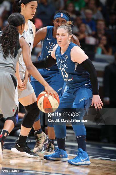 Lindsay Whalen of the Minnesota Lynx plays defense against the Las Vegas Aces on July 13, 2018 at Target Center in Minneapolis, Minnesota. NOTE TO...