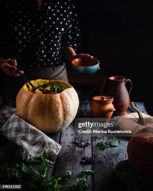 lamb ragout in a pumpkin - ragout stock pictures, royalty-free photos & images