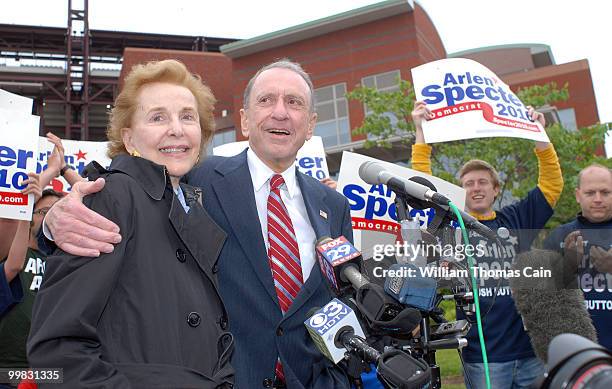 Sen. Arlen Specter and his wife Joan campaign outside Citizens Bank Park May 17, 2010 in Philadelphia, Pennsylvania. Specter, who switched political...