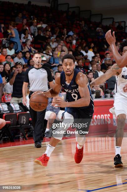 Isaiah Cousins of the Minnesota Timberwolves handles the ball against the Denver Nuggets during the 2018 Las Vegas Summer League on July 13, 2018 at...