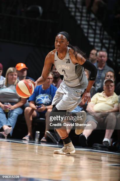 Kelsey Bone of the Las Vegas Aces handles the ball against the Minnesota Lynx on July 13, 2018 at Target Center in Minneapolis, Minnesota. NOTE TO...
