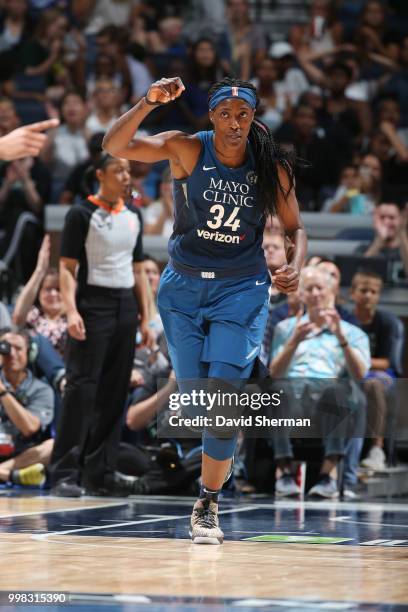 Sylvia Fowles of the Minnesota Lynx runs on the court against the Las Vegas Aces on July 13, 2018 at Target Center in Minneapolis, Minnesota. NOTE TO...
