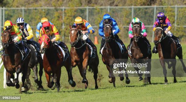 Hugh Bowman on The Fire Trap at the home turn before winning race 1 during Sydney Racing at Rosehill Gardens on July 14, 2018 in Sydney, Australia.