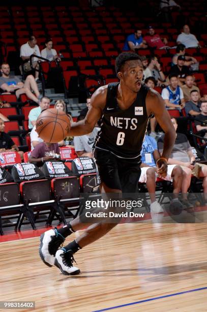 Semaj Christon of the Brooklyn Nets handles the ball against the Indiana Pacers during the 2018 Las Vegas Summer League on July 13, 2018 at the Cox...