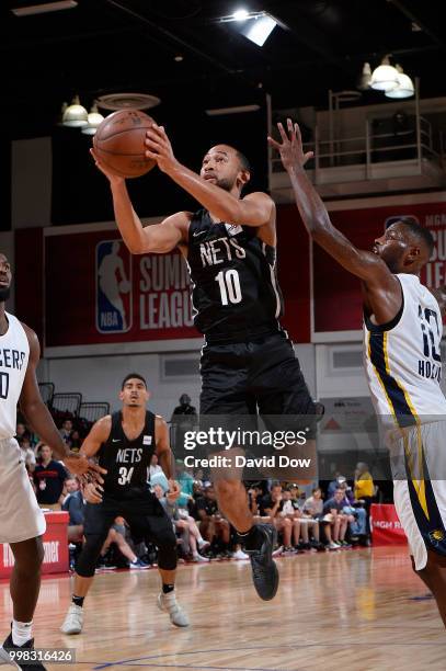 Jordan McLaughlin of the Brooklyn Nets goes to the basket against the Indiana Pacers during the 2018 Las Vegas Summer League on July 13, 2018 at the...