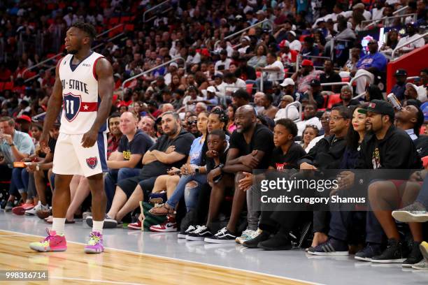 Nate Robinson of Tri-State stands on the court as Ice Cube looks on during the game between Tri-State and 3 Headed Monsters during BIG3 - Week Four...
