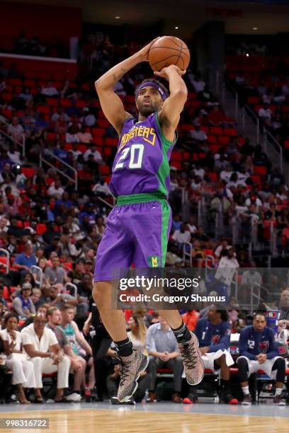 Salim Stoudamire of the 3 Headed Monsters attempts a shot during the game against Tri-State during BIG3 - Week Four at Little Caesars Arena on July...