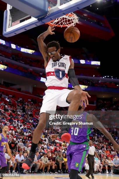 Amar'e Stoudemire of Tri-State dunks the ball past Reggie Evans of the 3 Headed Monsters during BIG3 - Week Four at Little Caesars Arena on July 13,...