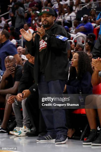 Ice Cube looks on during the game between the 3 Headed Monsters and Tri-State during BIG3 - Week Four at Little Caesars Arena on July 13, 2018 in...