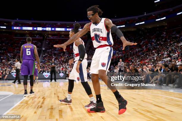 Amar'e Stoudemire of Tri-State reacts during the game against the 3 Headed Monsters during BIG3 - Week Four at Little Caesars Arena on July 13, 2018...