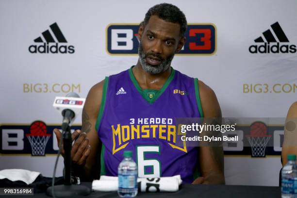 Qyntel Woods of the 3 Headed Monsters speaks to the media during BIG3 - Week Four at Little Caesars Arena on July 13, 2018 in Detroit, Michigan.