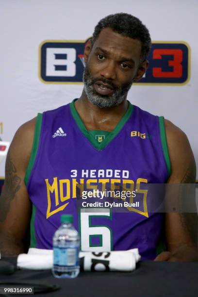 Qyntel Woods of the 3 Headed Monsters speaks to the media during BIG3 - Week Four at Little Caesars Arena on July 13, 2018 in Detroit, Michigan.