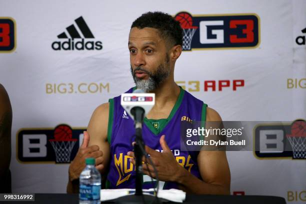 Mahmoud Abdul-Rauf of the 3 Headed Monsters speaks to the media during BIG3 - Week Four at Little Caesars Arena on July 13, 2018 in Detroit, Michigan.