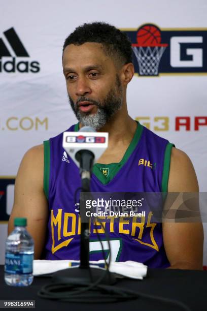Mahmoud Abdul-Rauf of the 3 Headed Monsters speaks to the media during BIG3 - Week Four at Little Caesars Arena on July 13, 2018 in Detroit, Michigan.