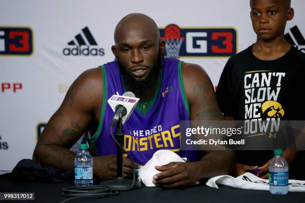 Reggie Evans of the 3 Headed Monsters speaks to the media during BIG3 - Week Four at Little Caesars Arena on July 13, 2018 in Detroit, Michigan.