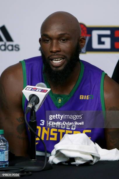 Reggie Evans of the 3 Headed Monsters speaks to the media during BIG3 - Week Four at Little Caesars Arena on July 13, 2018 in Detroit, Michigan.