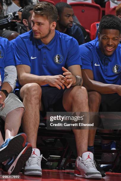 Luka Doncic of the Dallas Mavericks looks on during the game against the Golden States Warriors during the 2018 Las Vegas Summer League on July 9,...