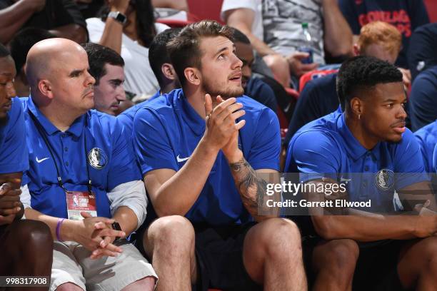 Luka Doncic of the Dallas Mavericks looks on during the game against the Golden States Warriors during the 2018 Las Vegas Summer League on July 9,...