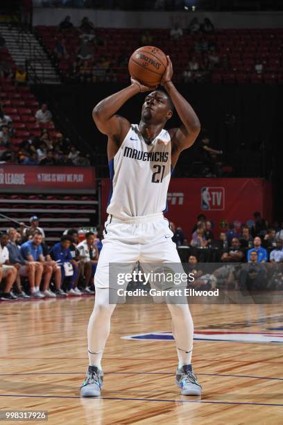 Jalen Jones of the Dallas Mavericks shoots a free throw against the Golden States Warriors during the 2018 Las Vegas Summer League on July 9, 2018 at...