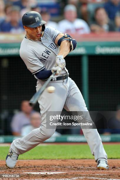 New York Yankees designated hitter Giancarlo Stanton grounds into a double play to end the fourth inning of the Major League Baseball game between...