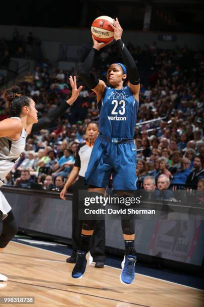 Maya Moore of the Minnesota Lynx shoots the ball against the Las Vegas Aces on July 13, 2018 at Target Center in Minneapolis, Minnesota. NOTE TO...