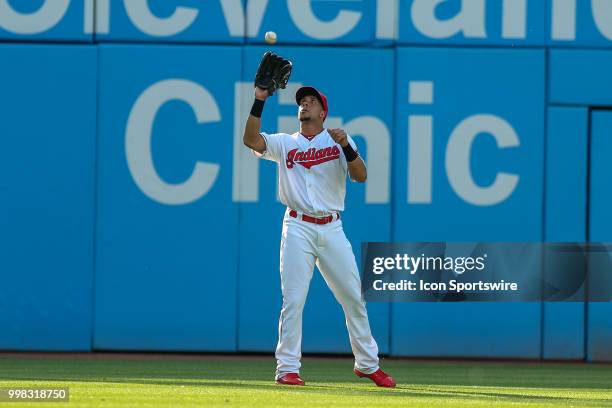 Cleveland Indians left fielder Michael Brantley makes the catch for an out during the first inning of the Major League Baseball game between the New...