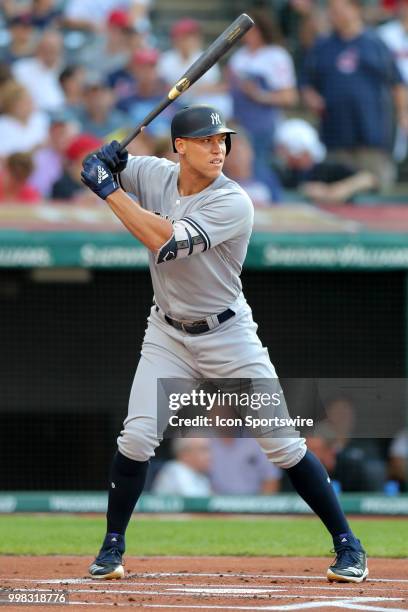 New York Yankees outfielder Aaron Judge at bat during the first inning of the Major League Baseball game between the New York Yankees and Cleveland...