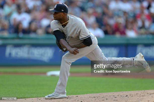 New York Yankees pitcher Domingo German delivers a pitch to the plate during the first inning of the Major League Baseball game between the New York...