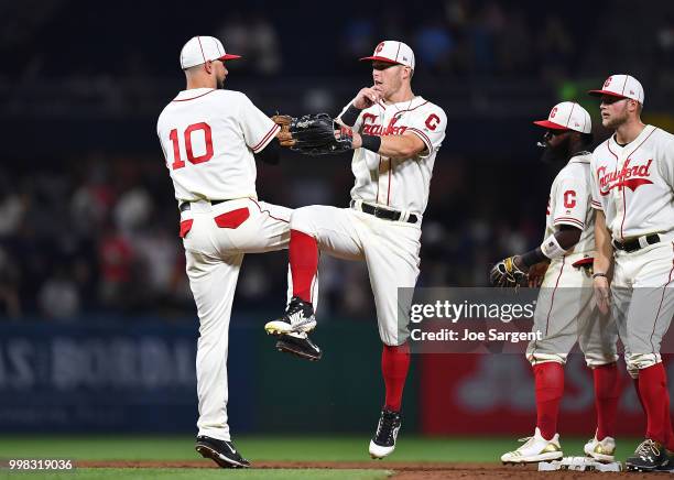 Jordy Mercer and Corey Dickerson of the Pittsburgh Pirates celebrate a 7-3 win over the Milwaukee Brewers at PNC Park on July 13, 2018 in Pittsburgh,...