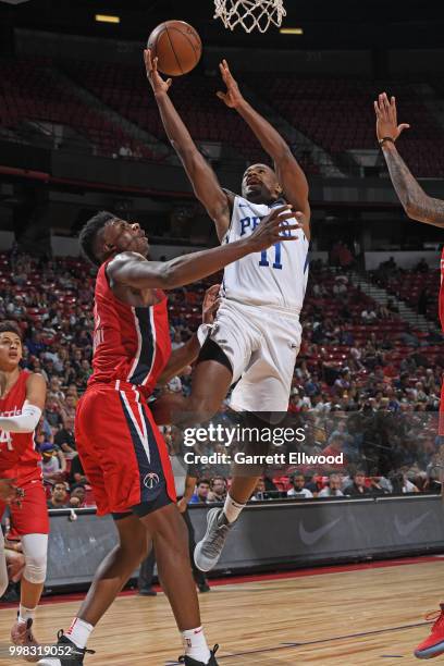 Demetrius Jackson of the Philadelphia 76ers goes to the basket against the Washington Wizards during the 2018 Las Vegas Summer League on July 9, 2018...