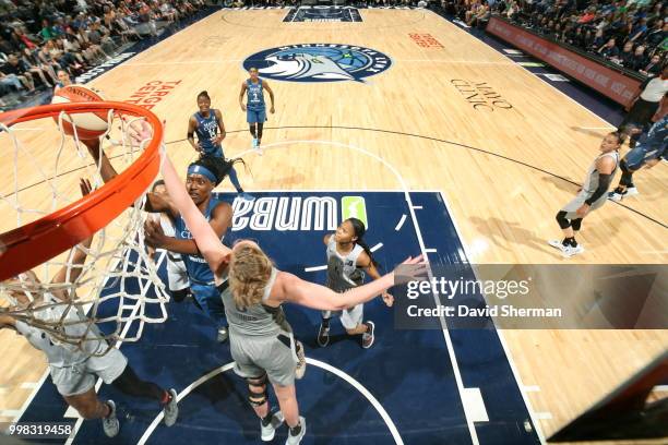 Sylvia Fowles of the Minnesota Lynx goes to the basket against the Las Vegas Aces on July 13, 2018 at Target Center in Minneapolis, Minnesota. NOTE...
