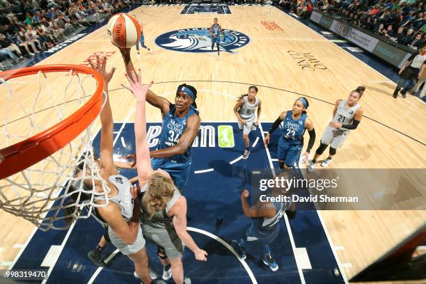 Sylvia Fowles of the Minnesota Lynx goes to the basket against the Las Vegas Aces on July 13, 2018 at Target Center in Minneapolis, Minnesota. NOTE...
