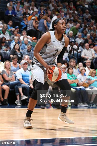 Kelsey Bone of the Las Vegas Aces handles the ball against the Minnesota Lynx on July 13, 2018 at Target Center in Minneapolis, Minnesota. NOTE TO...