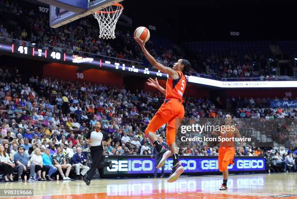 Connecticut Sun guard Jasmine Thomas makes a lay up during a WNBA game between Phoenix Mercury and Connecticut Sun on July 13 at Mohegan Sun Arena in...