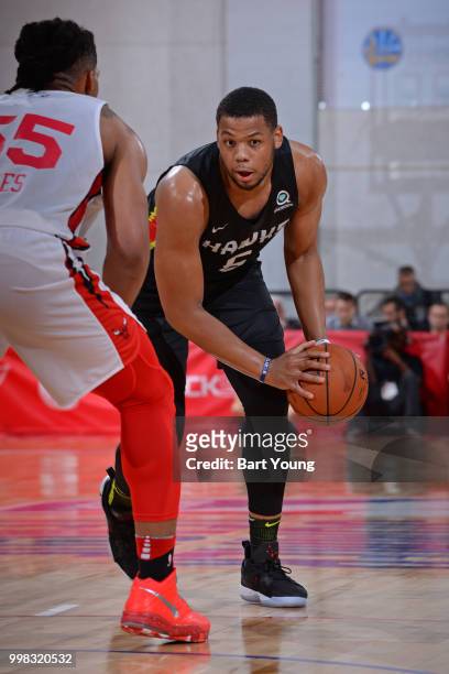 Omari Spellman of the Atlanta Hawks handles the ball against the Chicago Bulls during the 2018 Las Vegas Summer League on July 10, 2018 at the Cox...