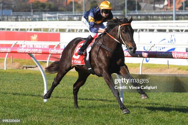 Dwayne Dunn riding Brutal winning Race 1 during Melbourne Racing at Caulfield Racecourse on July 14, 2018 in Melbourne, Australia.