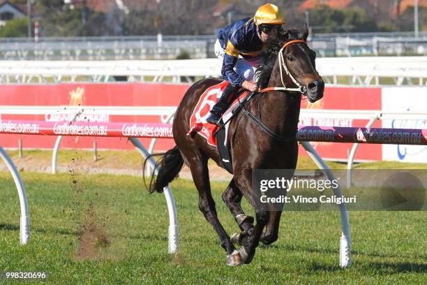 Dwayne Dunn riding Brutal winning Race 1 during Melbourne Racing at Caulfield Racecourse on July 14, 2018 in Melbourne, Australia.