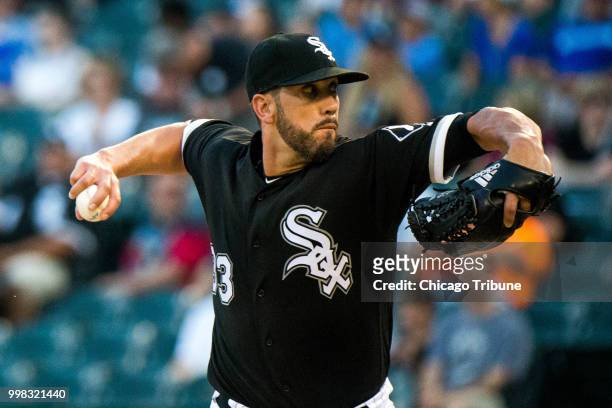 Chicago White Sox starting pitcher James Shields works during the first inning against the Kansas City Royals at Guaranteed Rate Field in Chicago on...