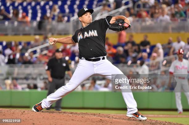 Javy Guerra of the Miami Marlins throws a pitch during the seventh inning against the Philadelphia Phillies at Marlins Park on July 13, 2018 in...